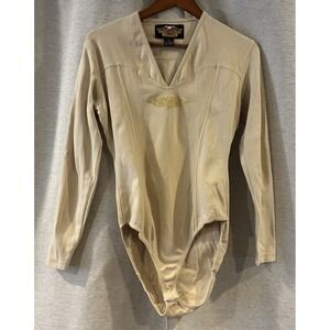 Vtg Y2K Harley-Davidson Cream Long Sleeve Bodysuit Bling Logo Sz Large Bikercore